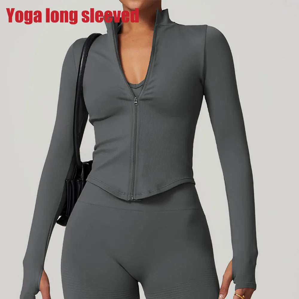 Women's Zipper Crop Sports Jacket Long Sleeve Yoga T-Shirt Solid Quick Dry Fitness Top Gym Running Workout Sportswear