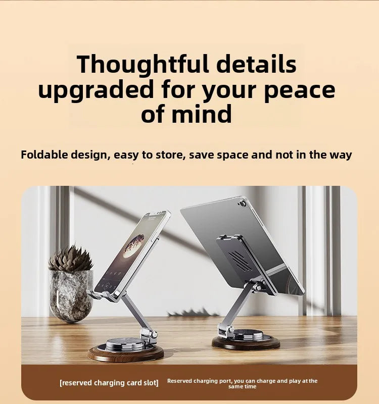 Black Walnut Wood Base Phone Holder Metal Stand 720° Rotating Foldable Desktop Stand Easy Storage for Mobile Phone Tablet Holder
