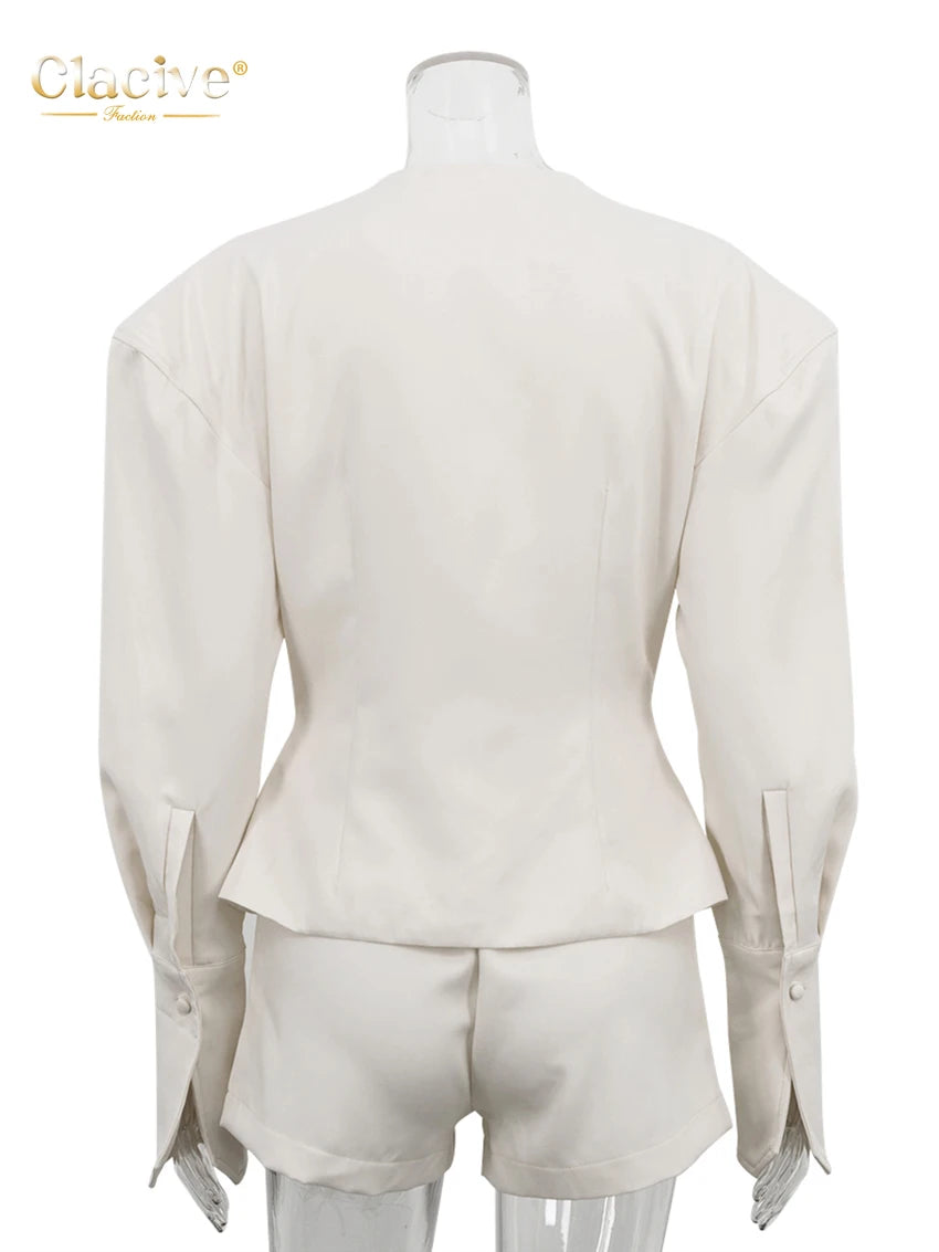 Clacive Fashion Loose Beige Women's Two Pieces Set 2025 Sexy Long Sleeve Shirt With High Waist Shorts Set Female Streetwear
