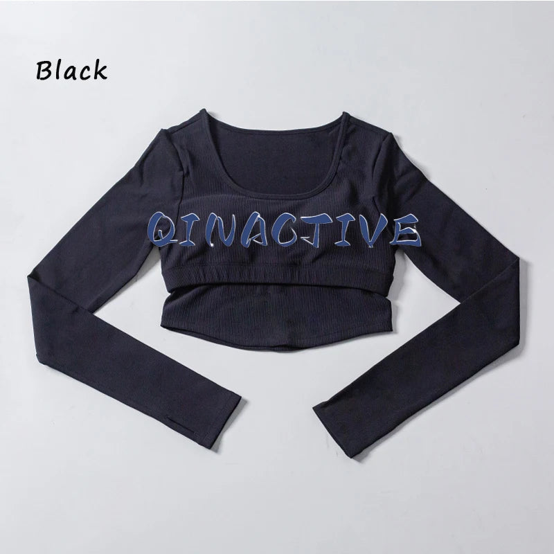 QINACTIVE Yoga suit with long sleeves chest pads new autumn winter tight fitting top T-shirt sport running training fitness suit