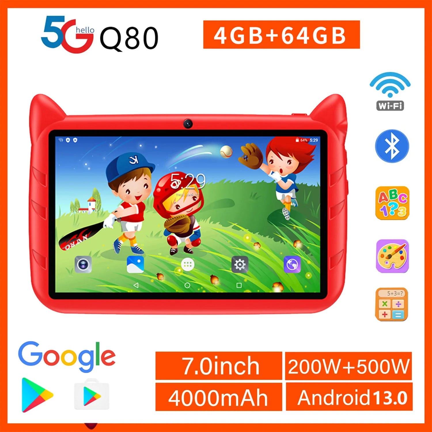 New 7 Inch 5G WiFi Kids' tablets Quad Core 4GB RAM 64GB ROM Dual Cameras Android 13.0 Learning Education Tablet PC 4000mAh Main image