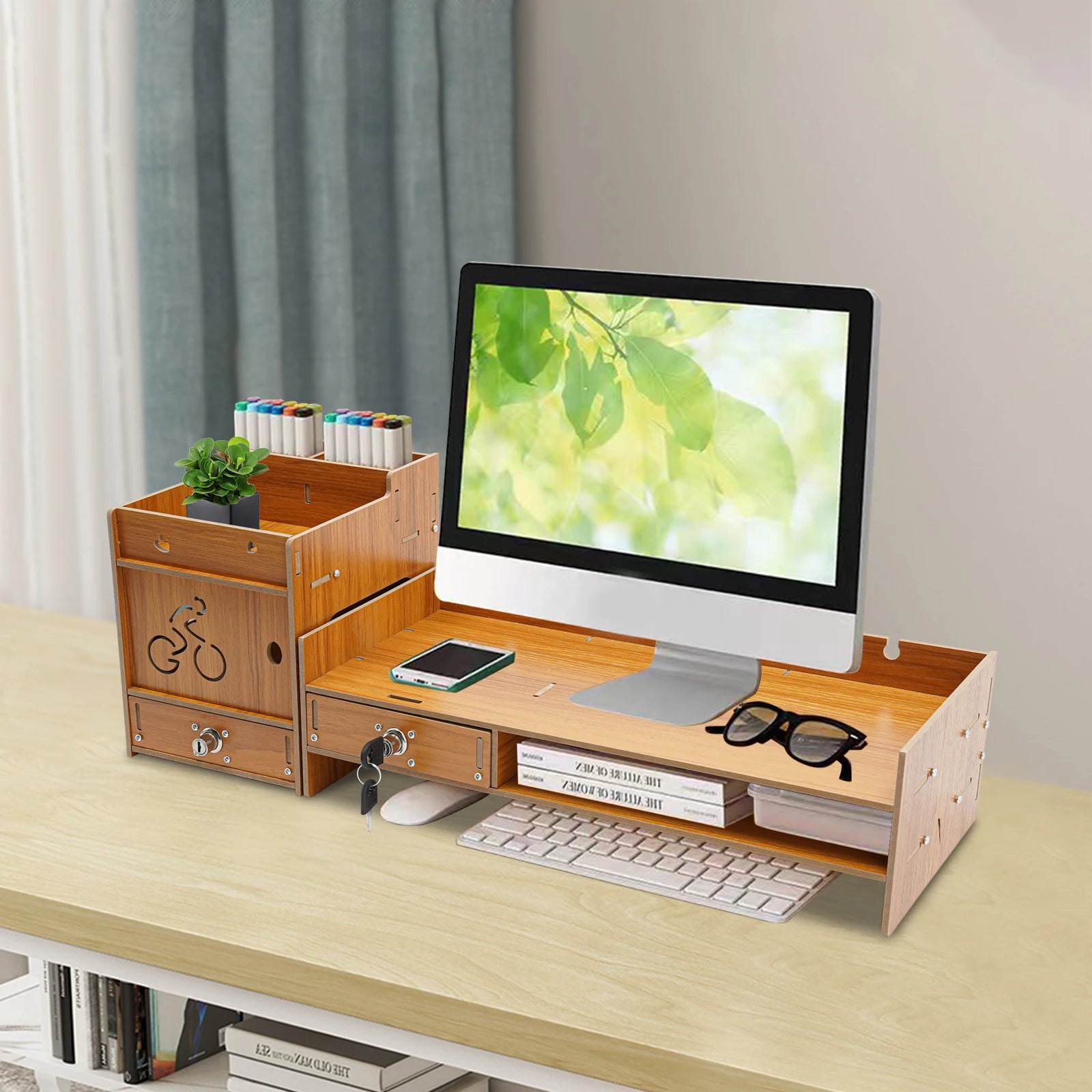 Wood Monitor Stand with Drawer & Side Organizer, 2-Tier Computer Riser with Lockable Storage, Adjustable Height 9cm/10cm for Ergonomic Sitting Posture, Home Office Desk Shelf for Laptop, PC, Phone, Books, Black/Wood Color Main image