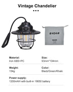 Portable Camping Lanterns Retro Hanging Tent Lamp Waterproof Dimmable Camping Light 1200mAh for Hiking Fishing Emergency Lantern