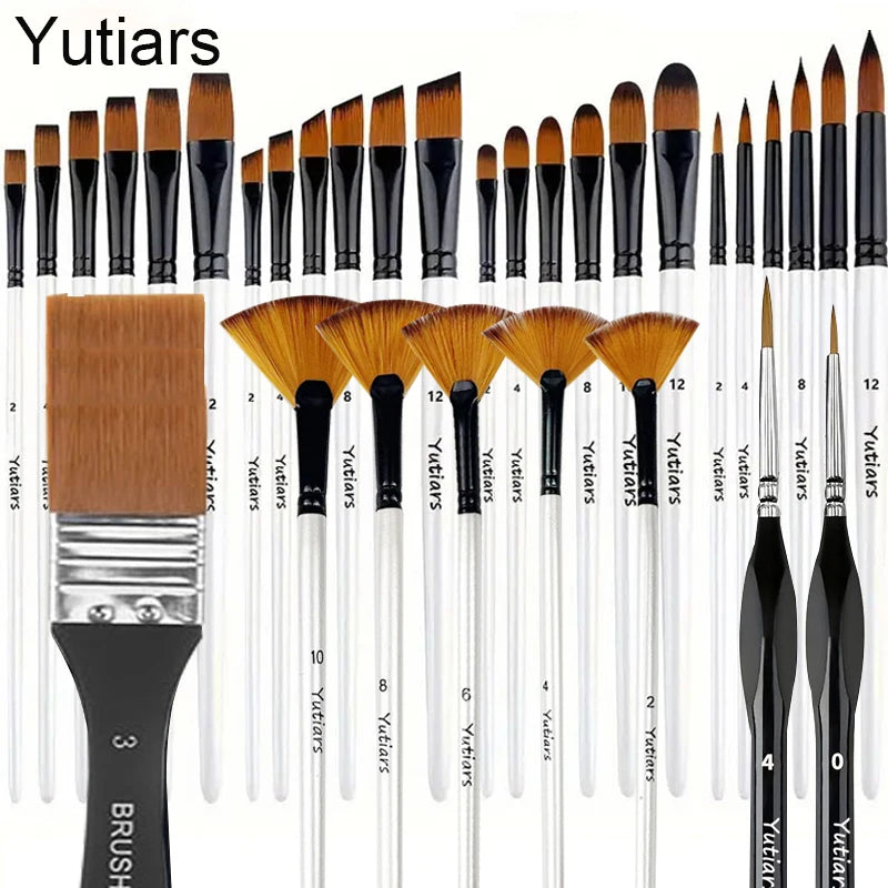 32pcs White Artist Brush Set - Round, Angle, Flat, Fan & Detail Brushes. Multi-functional for Acrylic, Oil, Watercolor, Gouache