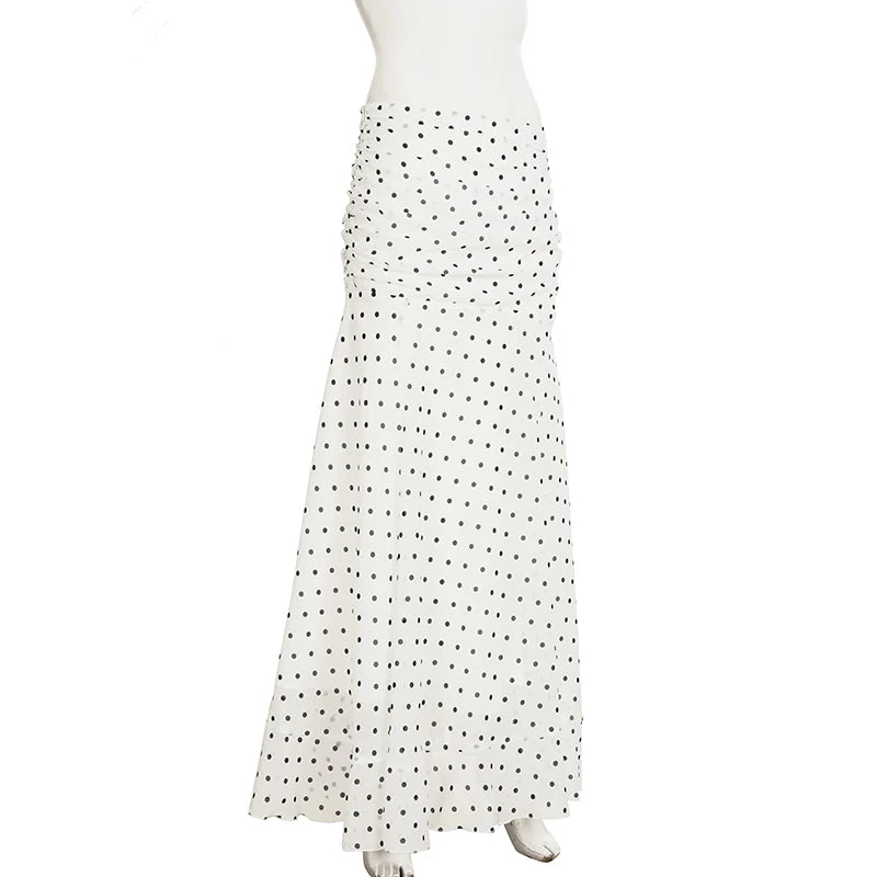hirigin Polka Dot Floor-length Chiffon Skirt French Style Ruffled Mesh A-line Skirts Elegant Maxi Bottoms High Waist Streetwear