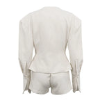 FANTOYE Sexy Deep V-Neck Long Sleeve Shoulder Pads Women 2 Piece Sets Beige Single Breasted Tops Short Pants Winter Lady Outfits
