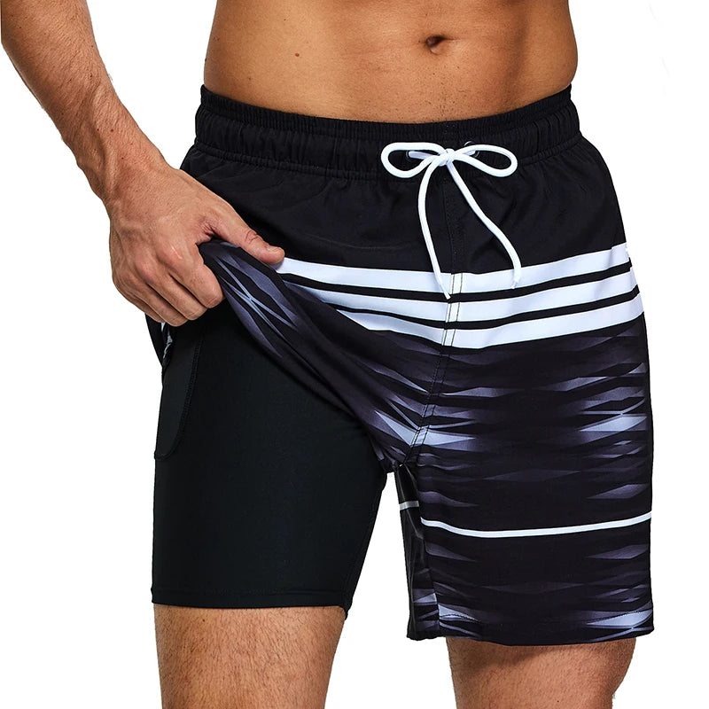 ESCATCH 2026 New Arrival Mens Swimming Trunks Compression Liner 2 in 1 Printing Quick-Dry Gym Sports Mens Shorts Zipper Pockets