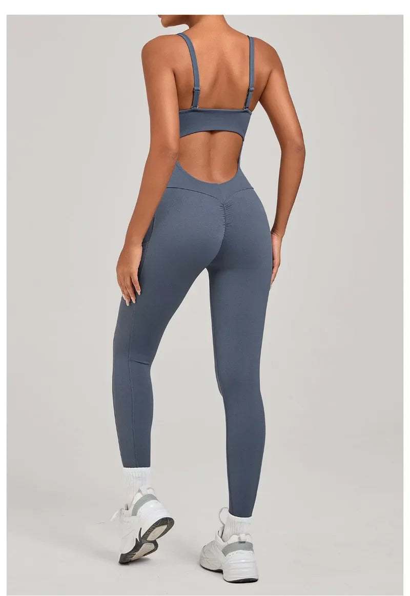 Women's Yoga Jumpsuits Sports Fitness One-piece Beauty Back Strap Pocket Hip-lifting Slim Fit Running Workout Training Bodysuits
