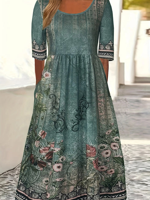 2025 summer new women's Bohemia loose fashion print round neck short sleeve long dress