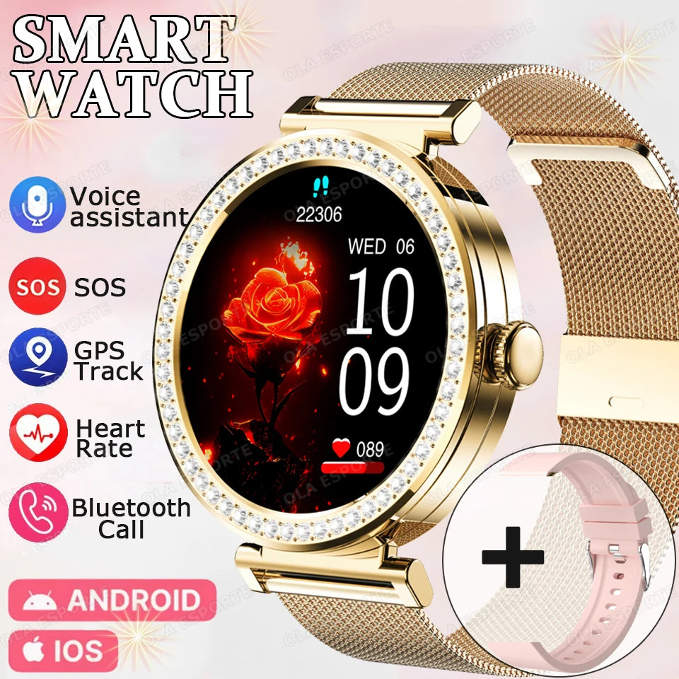 Fashion Zircon Smart Watch 1.46" AMOLED Screen 5.4 Bluetooth Call Heart Rate Temperature Monitoring Women Smartwatch Pedometer