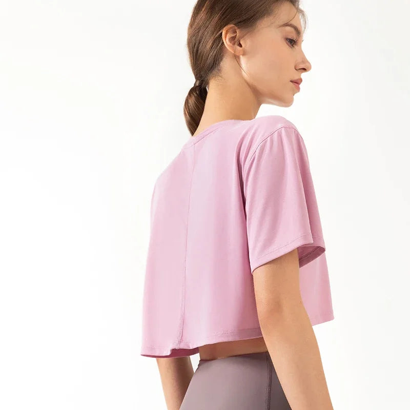 Women Yoga Tops Loose Running Exercise Sport Crop Top Ultralight Elastic Breathable Short Sleeve Gym Fitness Shirt