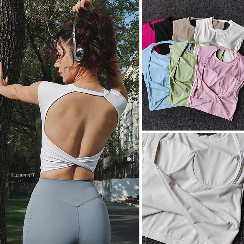 Women's Slim Fit Open Back Sports Tank Built in Fixed Cups Breathable Pilates Yoga Workout Top