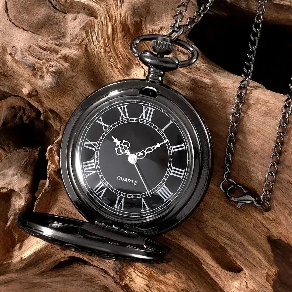 1pc Black Retro Hollow Gear Carved Quartz Pocket Watch Necklace Pendant Clock Chain Men Women Memorial Gift