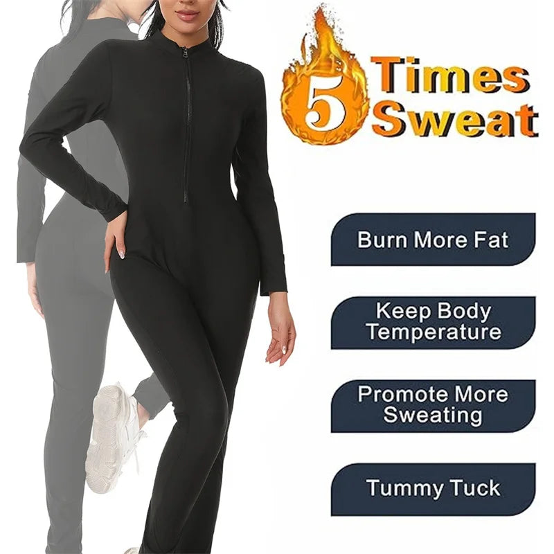 MrifDila Sauna Suit Jumpsuit Full Zip Up Sweatsuit Hot Sweating Jumpsuit Long Sleeve Romper Bottom Pants Sweating Bodysuit Shape