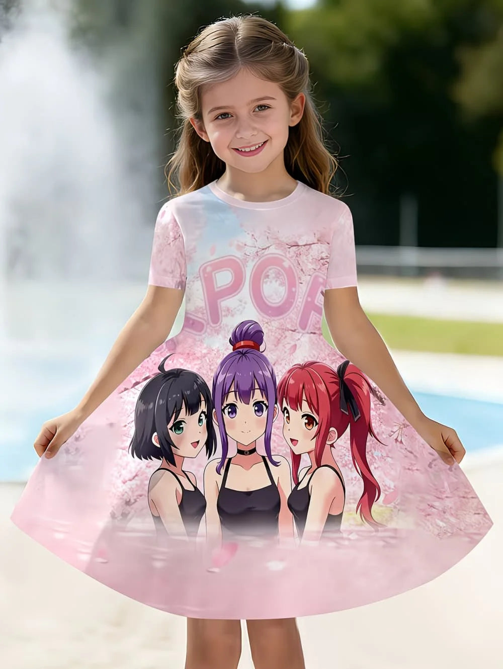 Kpop Cartoon Graphic Dress for Girls Funny Gift for Fan Harajuku Girl Clothes Summer Tops Short Sleeve Dress Children's Clothing