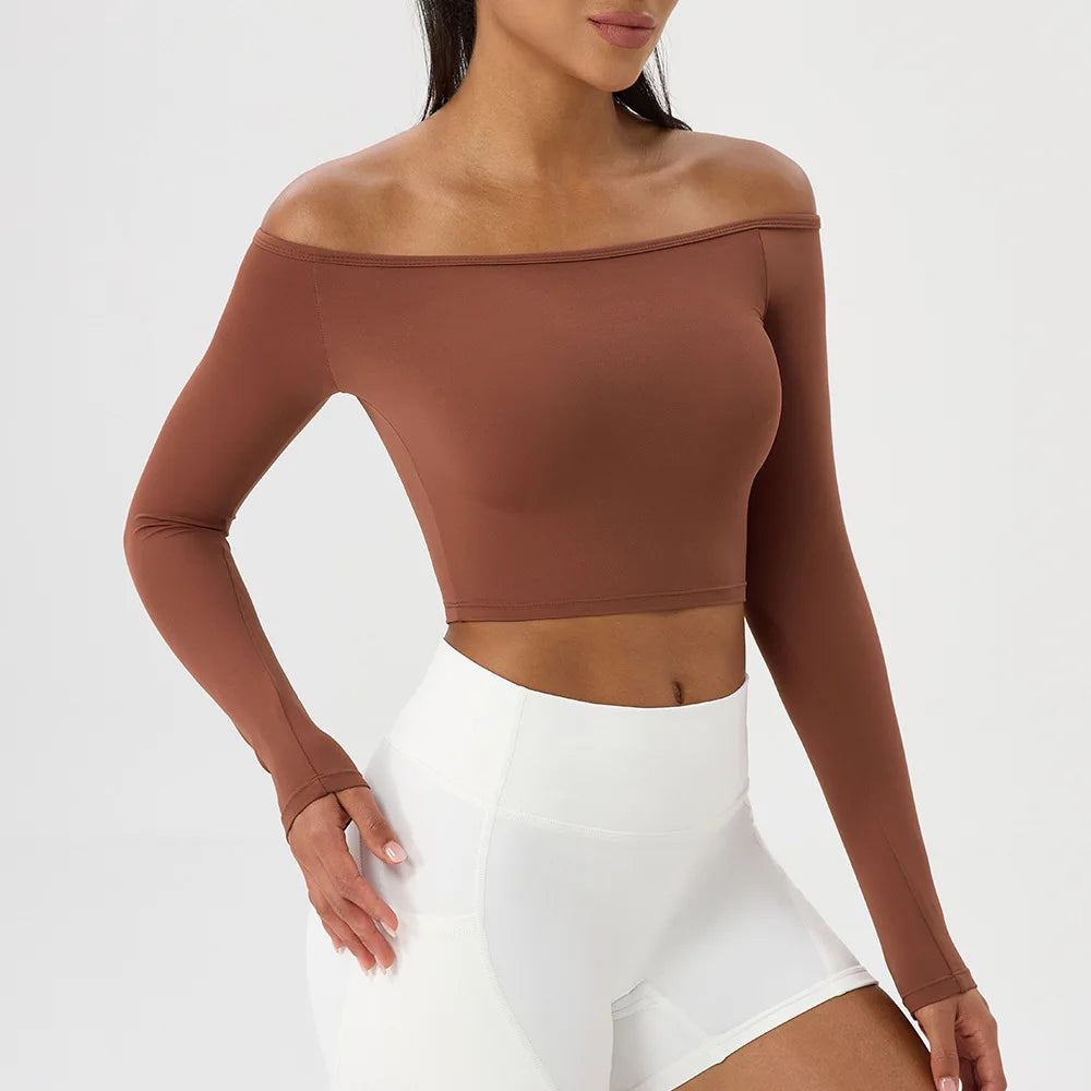 Yoga long-sleeved T-shirt women's one-shoulder sexy tight fitness wear top nude feel quick-drying sports sleeved Yoga Shirts