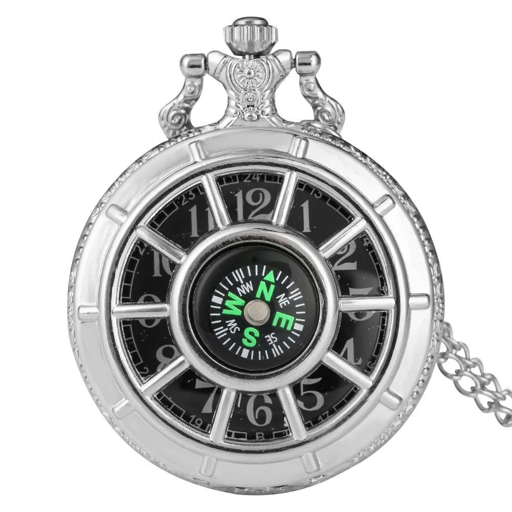 Fashion hollowed out compass pocket watch, outdoor creative flip necklace watch, male and female digital quartz watch