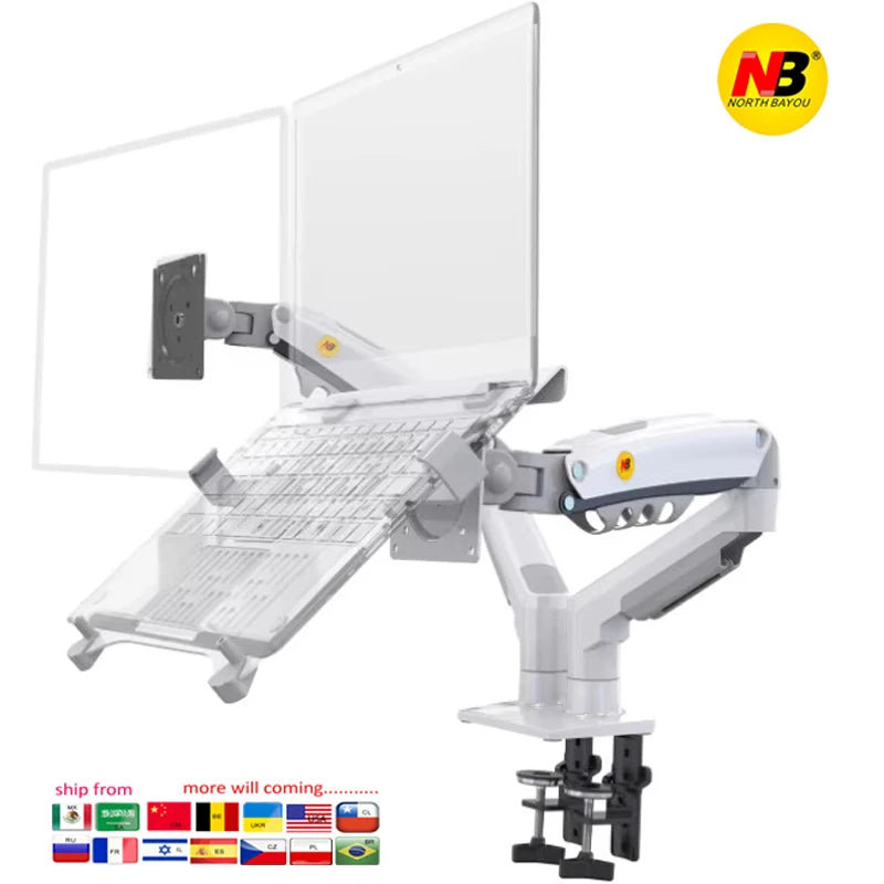 Desktop NB F160 + FP-2 Gas Spring Dual Arm for 17"-27" Monitor Holder + 10"-17" Laptop Support Air Press Mount Stand Load 2-9kg Main image