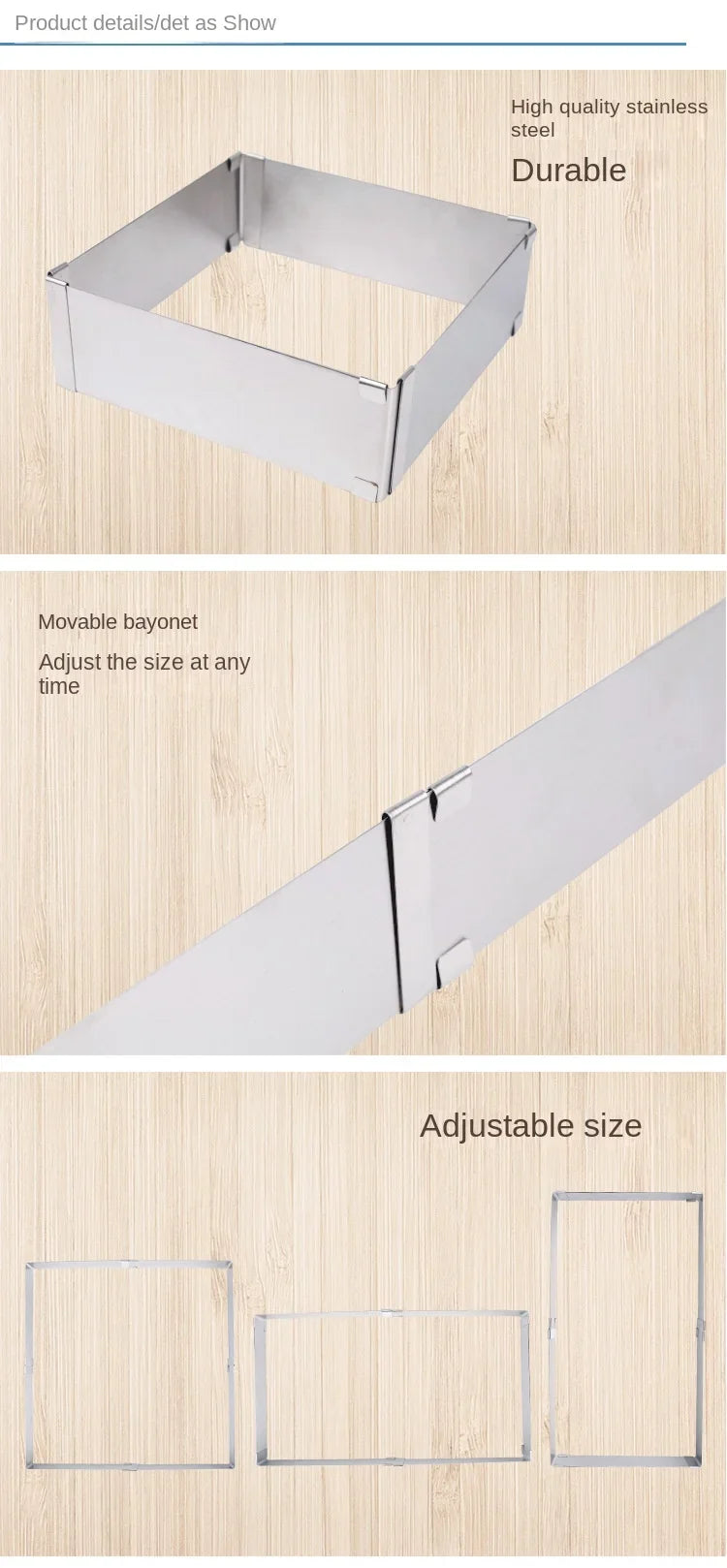 1pc large stainless steel adjustable telescopic active long square mousse ring cake baking mold