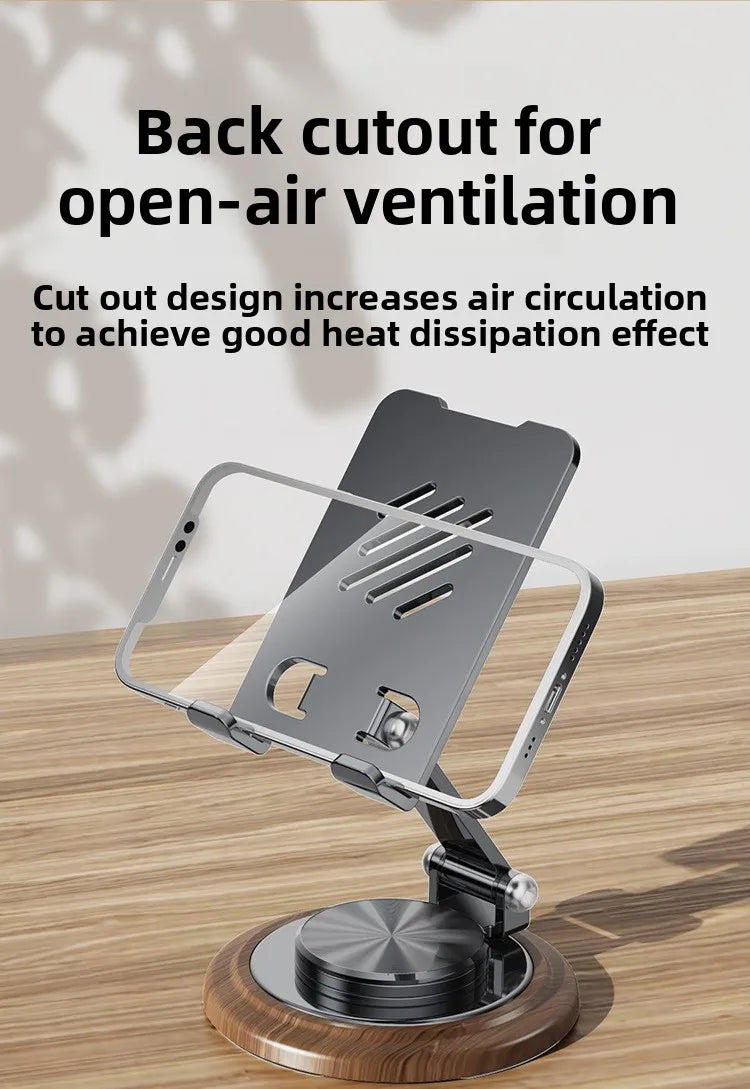 Black Walnut Wood Base Phone Holder Metal Stand 720° Rotating Foldable Desktop Stand Easy Storage for Mobile Phone Tablet Holder