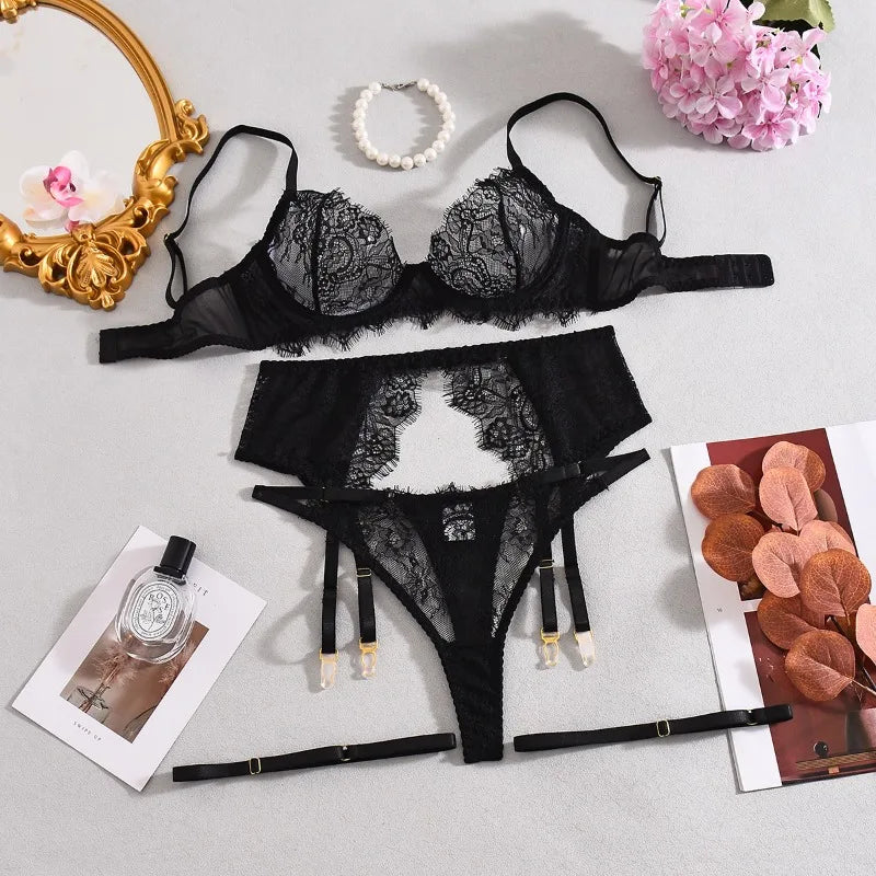 Elegant Lingeries Sexy Hot Exclusive Coffee Bra Belt Thong 3PC with Leg Circles Cute Intimate Lace Tempted Tipsy Set Secondary image