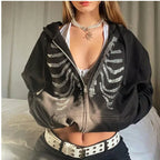 Y2K Rhinestone Skeleton Hoodies Women Gothic Black Zip Up Oversized Sweatshirts Female Retro Harajuku Hooded Jacket Streetwear