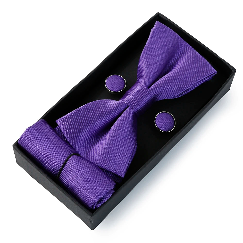 HUISHI Classic Black Bowtie Bow Ties For Mens Butterfly Bowknot Pocket Square Cufflinks Suit Set Bussiness Accessories Gift Box