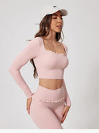 New Summer 2Pcs Women Gym Yoga Female Outfit Outdoor Sports Quick-Dry Long-Sleeved Shirt Set Woman Two-Piece Suit Sportswear