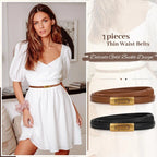 Adjustable Women’s Skinny Thin Belt, Classic Solid Color Genuine Leather Waistband for Trendy Coats and Dresses
