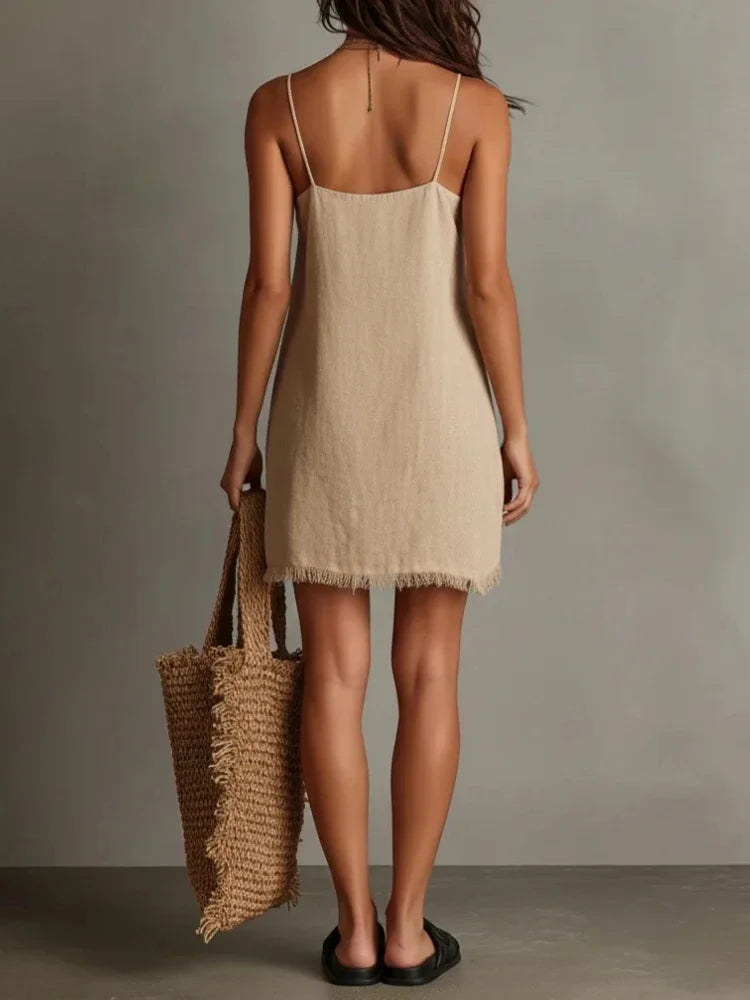 Women's Tassel Cami Tops Mini Dress Fashion V Neck Spaghetti Strap Camisole Asymmetrical Hem Flowy Long Lace Tank Slip Dresses Secondary image