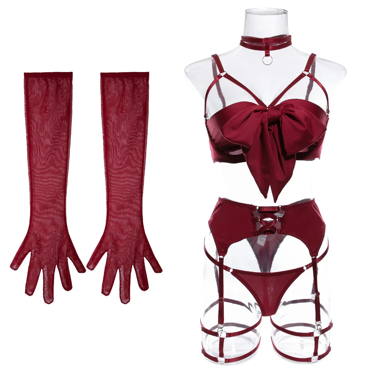 Sexy Hollow Out Bow Decor Lingerie Set Women Solid Exotic Apparel Suit Female Pure Desire Style Underwear with Garter and Gloves