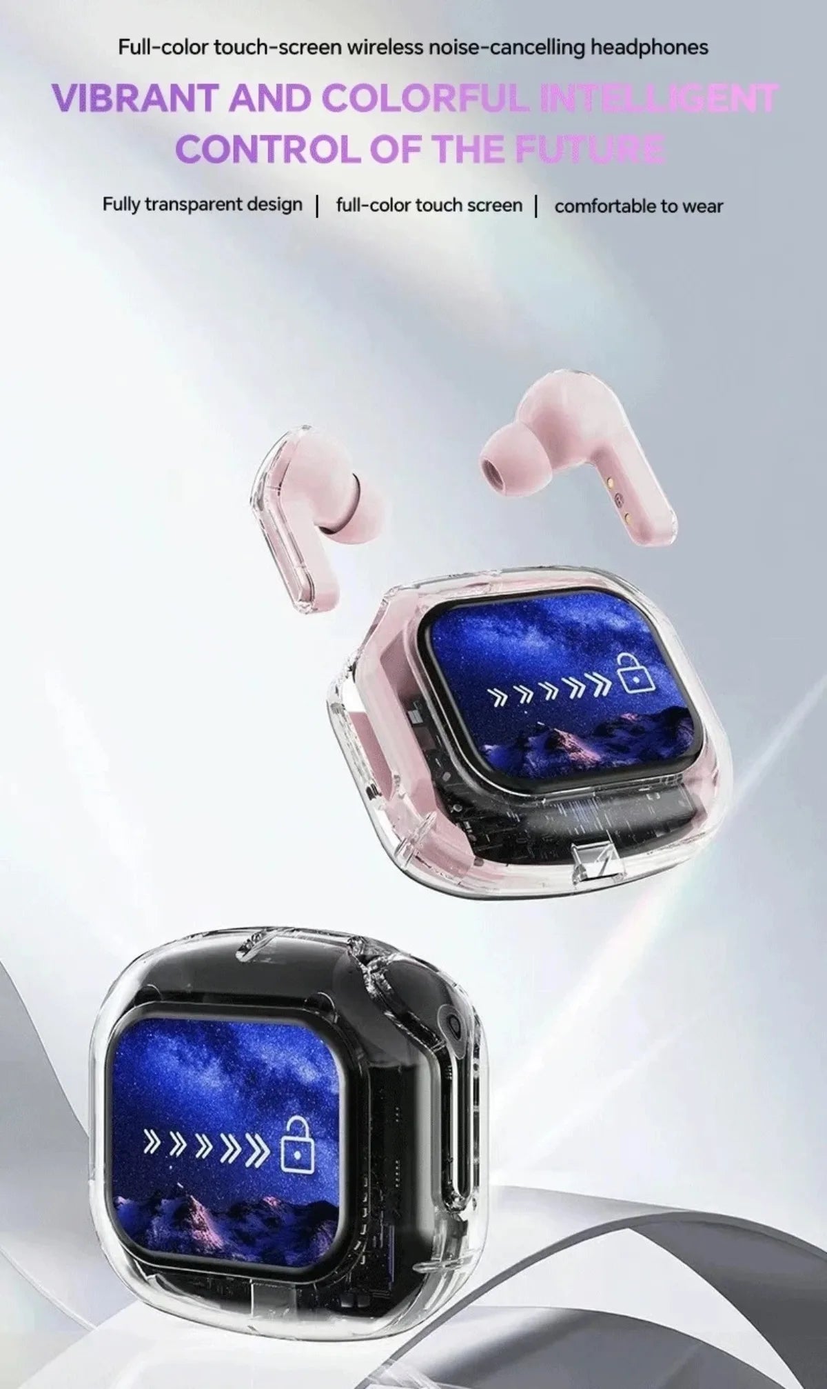Translation Headphones with Touch Screen Wireless Bluetooth 5.4 Smart  Earphone HiFi Audio High Quality Transparent Case Headset