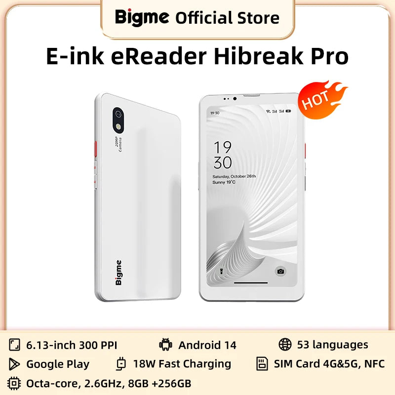BIGME Hibreak Pro ebook reader, 6.13'' B&W E-ink screen Electronic book, 300PPI Android 14 OS 8GB+256GB ereader tablet with NFC