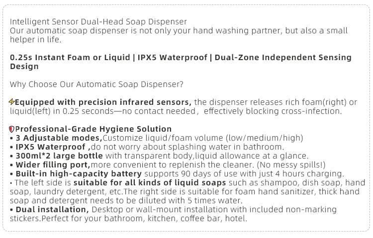 New Automatic Dishwashing Liquid Sensor Kitchen Double Head Gel Foam Hand Sanitizer Soap Dispenser Wall Hanging