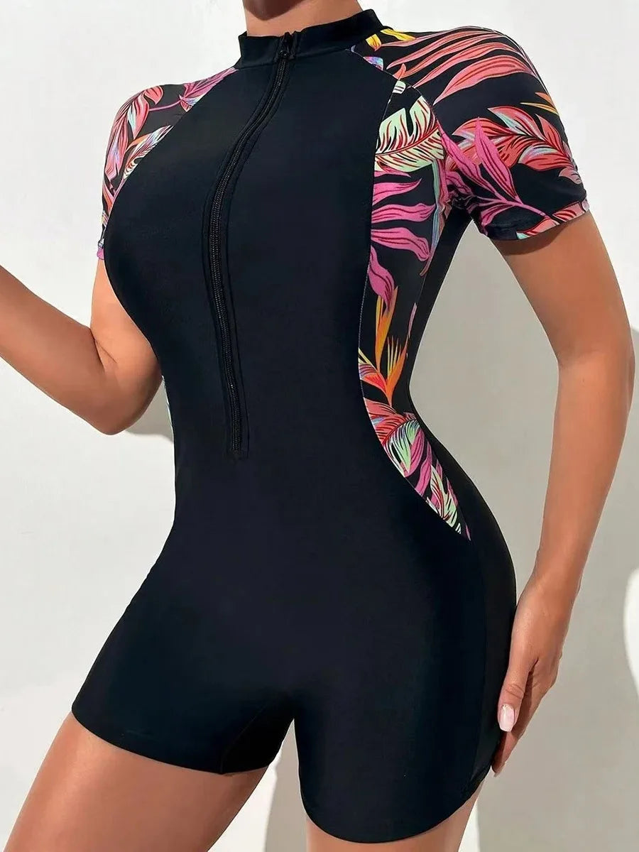 One Piece Floral Swimwear Swim Suit Women Short Sleeve Swimsuit Zip Front Tropical Plant Surfing Sun Protection（No built-in bra Secondary image
