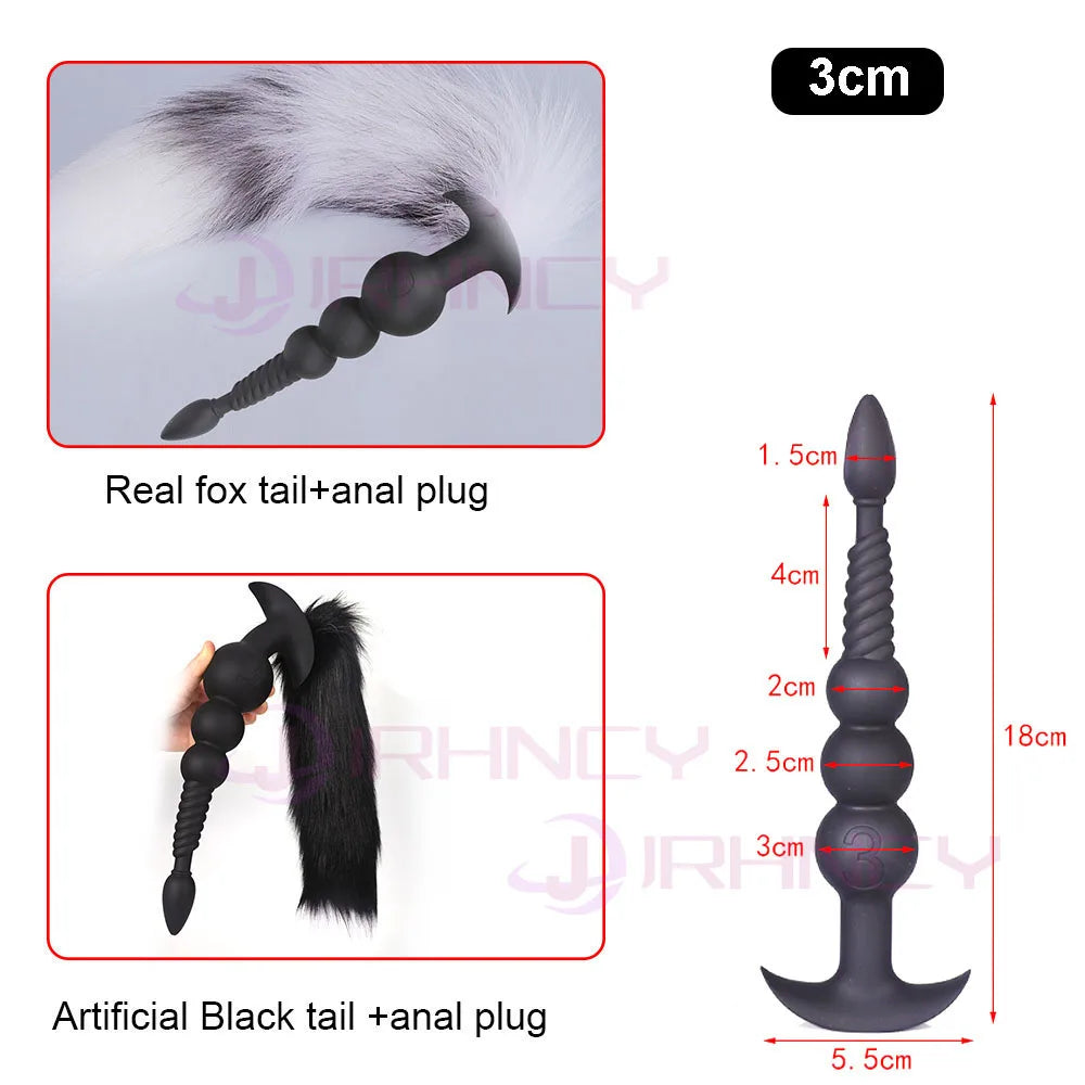 3-10cm Huge Anal Plug with Tail Sex Toys for Adult Games Couples DIY Cosplay Big Butt Plug Silicone Soft Long Anal Beads Women