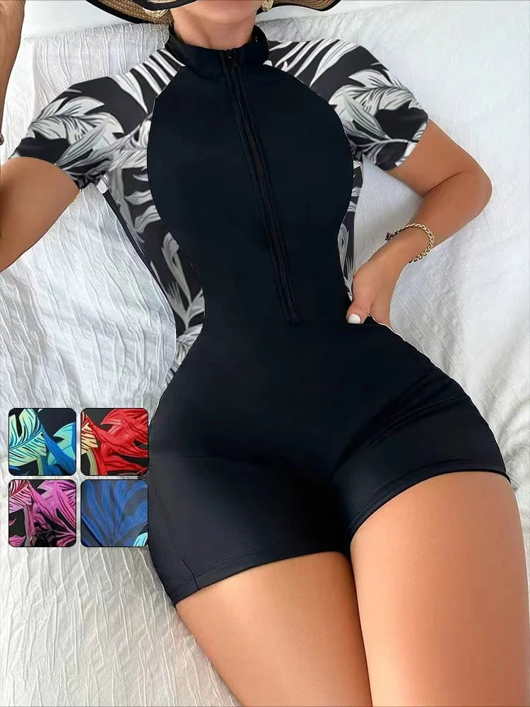 One Piece Floral Swimwear Swim Suit Women Short Sleeve Swimsuit Zip Front Tropical Plant Surfing Sun Protection（No built-in bra Main image