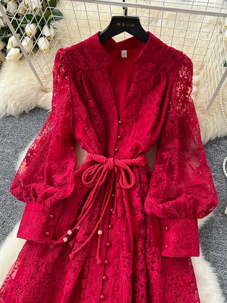 Spring Autumn French High-end Women's Dress New Lace Embroidery V-neck Lantern Sleeves Single Breasted Party Birthday Dress C192