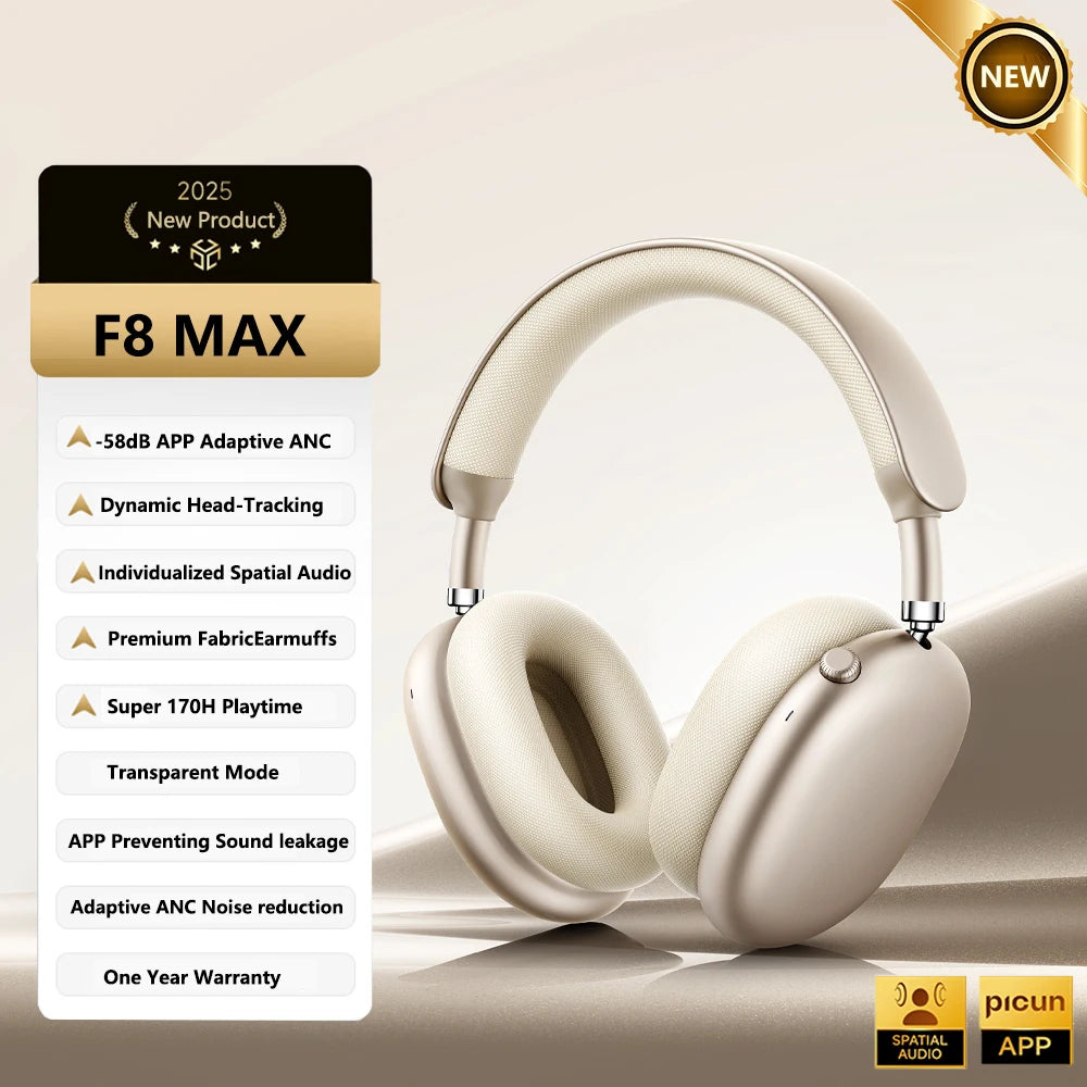Picun F8MAX ANC Wireless Headphone 59dB Hybrid Active Noise Canceling Spatial Audio Earphone Bluetooth 6.0 Over Ear Headset 180H