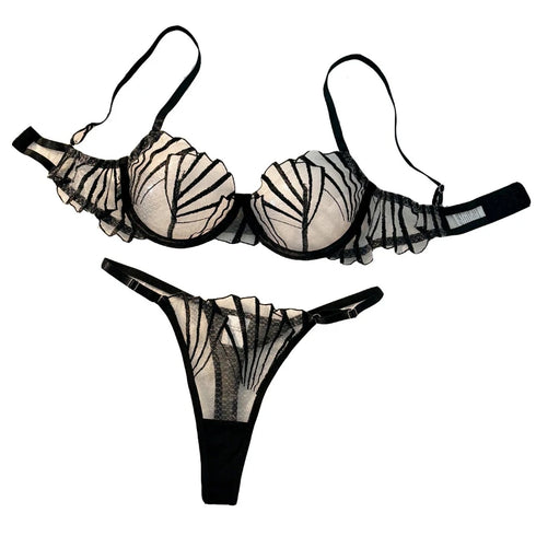Black Lace Lingerie Set – Sheer Eyelash Mesh Push-Up Bra and Panty with Triangle Cup Design