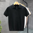 2026 Men's Summer Polo Shirt Korean Style Slim Wrinkle Resistant Collar Solid Color T-Shirts Casual Thin Sleeve Trendy Knit Tops