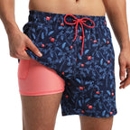 ESCATCH 2026 New Arrival Mens Swimming Trunks Compression Liner 2 in 1 Printing Quick-Dry Gym Sports Mens Shorts Zipper Pockets
