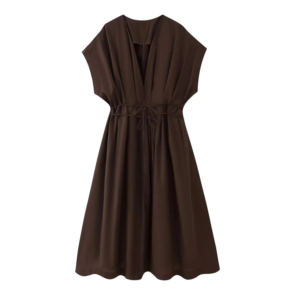 KONDALA 2026 Spring Summer Vintage Women Dress Fashion Single Breasted Sashes Draped V Neck Sleeveless Chic Brown Ladies Dresses
