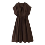 KONDALA 2026 Spring Summer Vintage Women Dress Fashion Single Breasted Sashes Draped V Neck Sleeveless Chic Brown Ladies Dresses