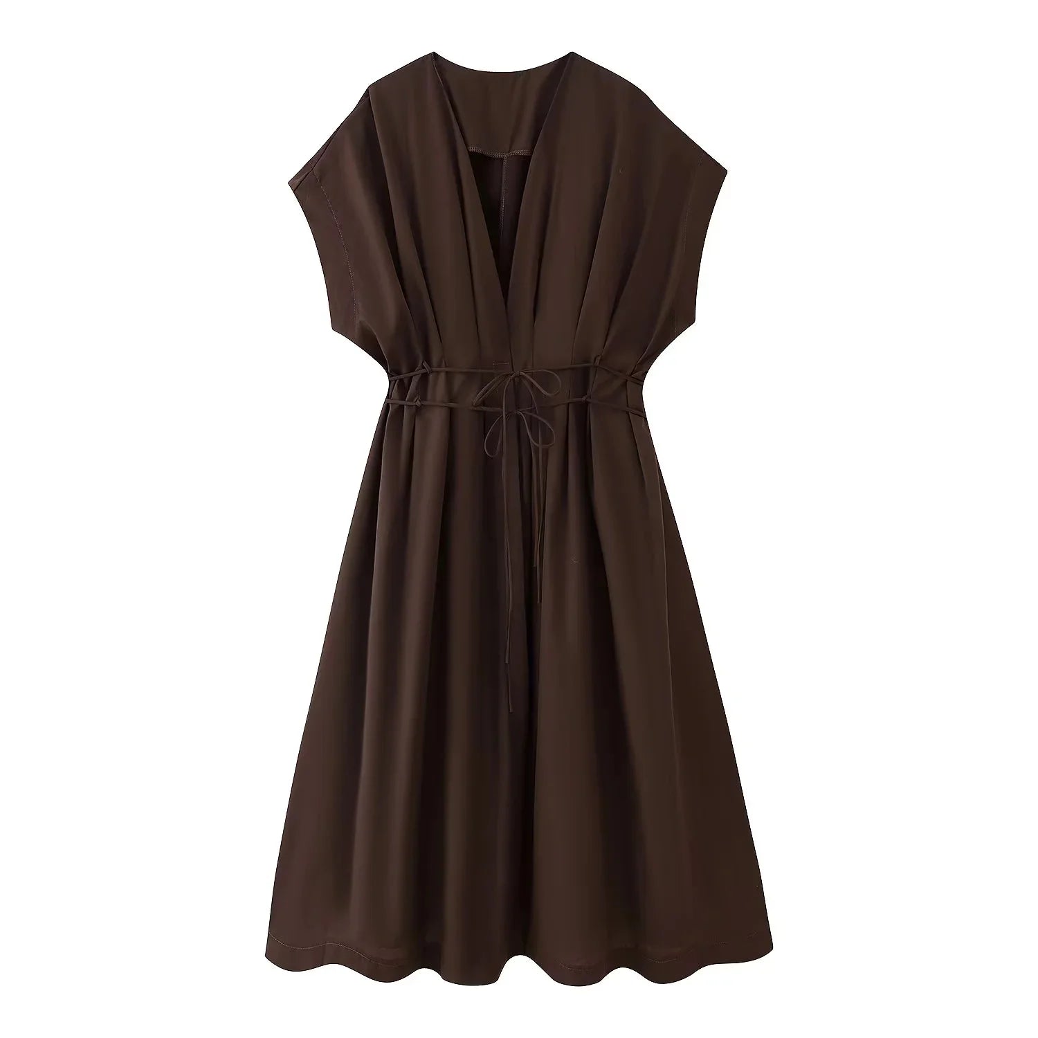 KONDALA 2026 Spring Summer Vintage Women Dress Fashion Single Breasted Sashes Draped V Neck Sleeveless Chic Brown Ladies Dresses