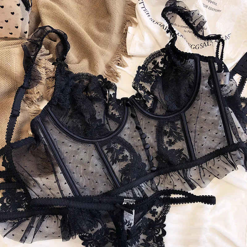 Hot Sale French Sexy Lingerie Set for Women Ultra Thin See Through Bra Panty Set Embroidery Lace Shaping Camisole Underwear Set