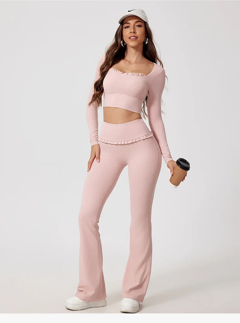 New Summer 2Pcs Women Gym Yoga Female Outfit Outdoor Sports Quick-Dry Long-Sleeved Shirt Set Woman Two-Piece Suit Sportswear