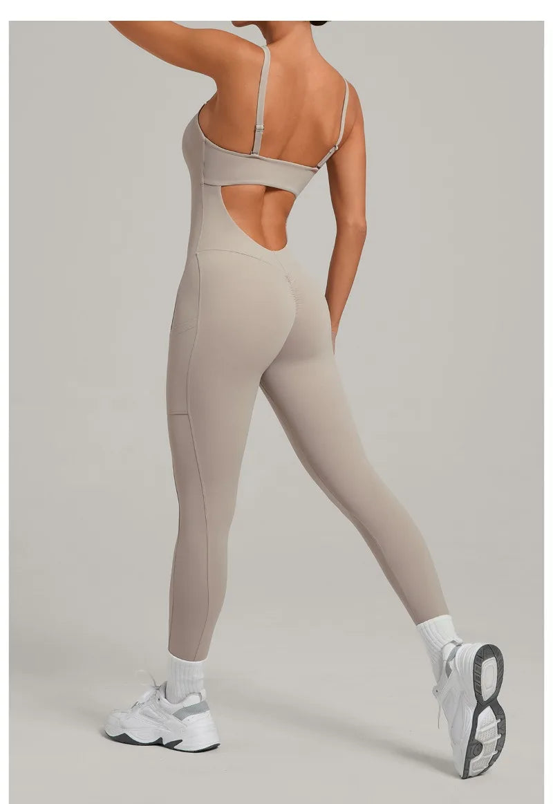 Women's Yoga Jumpsuits Sports Fitness One-piece Beauty Back Strap Pocket Hip-lifting Slim Fit Running Workout Training Bodysuits