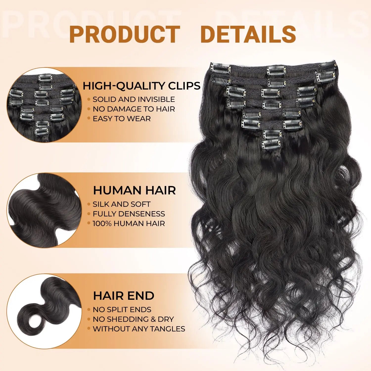 Wave Clip in Hair Extensions Real Human Hair Extensions Clip Ins 120 Gram Body Wave 18 Inch 8Pcs Natural Black 100% Human Hair Secondary image
