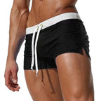 2025 Solid Color Low-Rise Men's Swim Trunks | Zip-Fly with Drawstring & Back Zipper Pocket for Secure & Discreet Wear